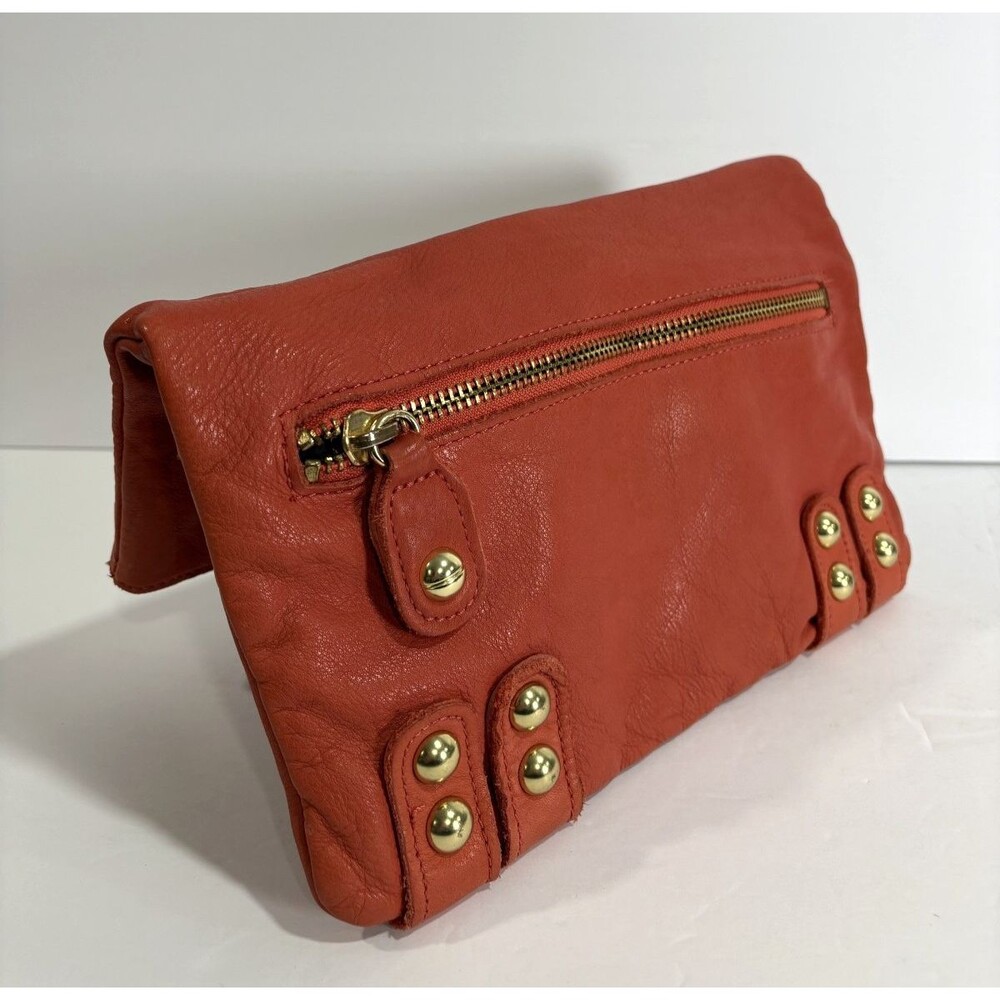 Linea Pelle Folding Clutch Soft Leather Burnt Orange Studs Zippered Pocket